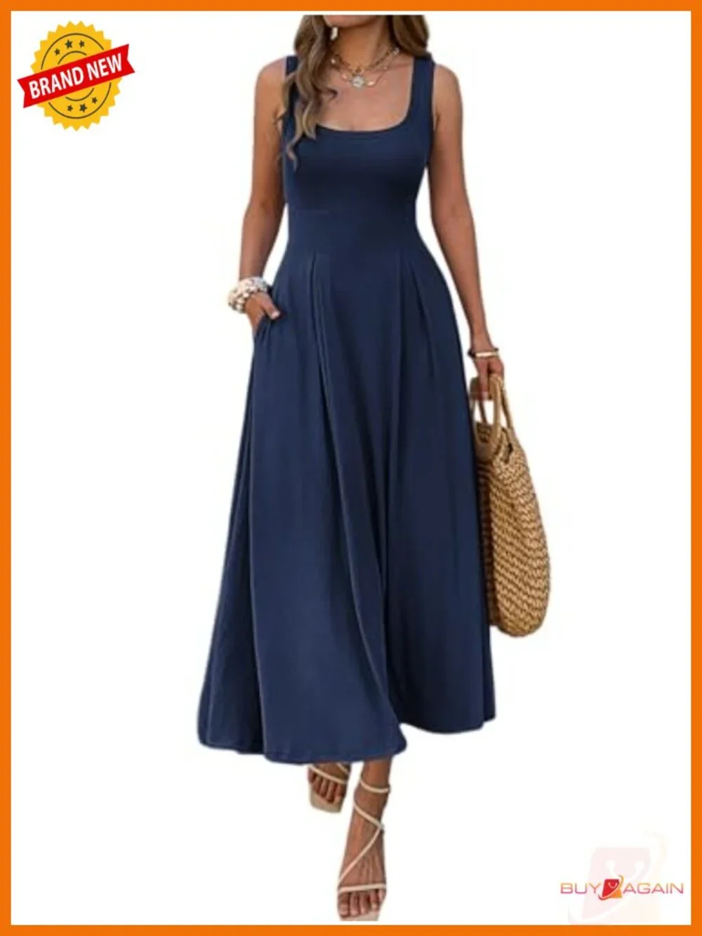 Sleeveless Empire Maxi Dress Square Neck A-Line Pleated Flowy with Pockets